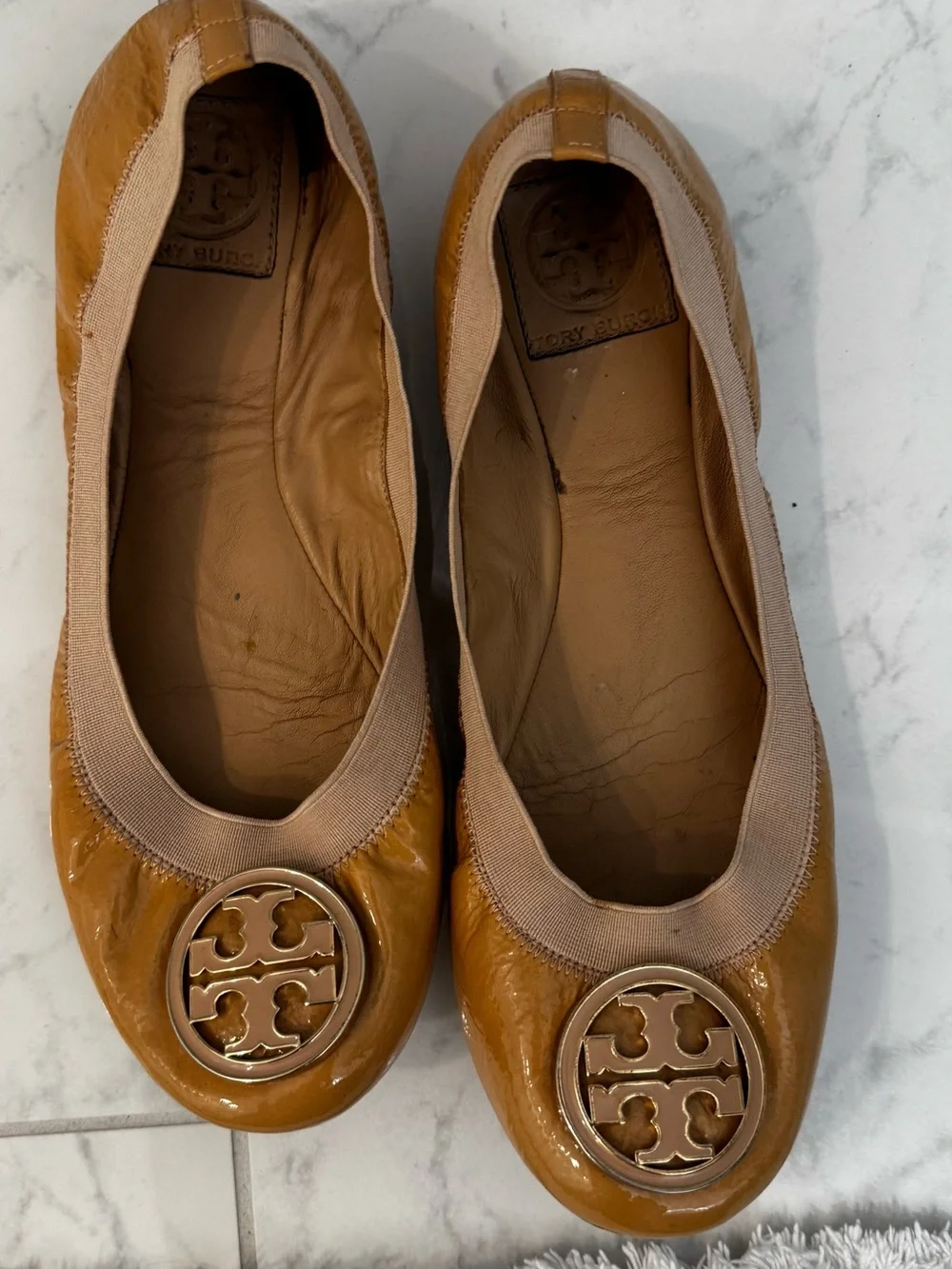 Tory Burch Tan Patent Leather Logo Ballet Flats
